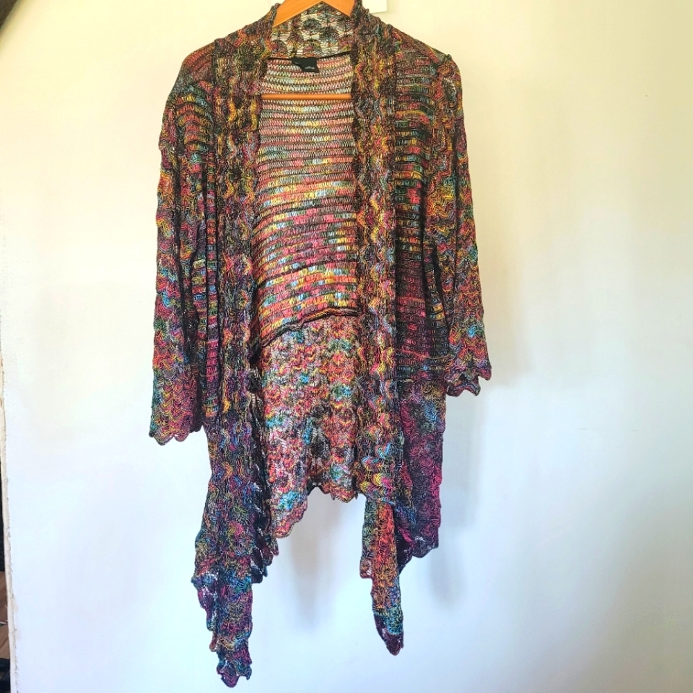 Long Cardigan Womens 1X Textured Crochet Sweater Multicolor Dark Rainbow Artsy